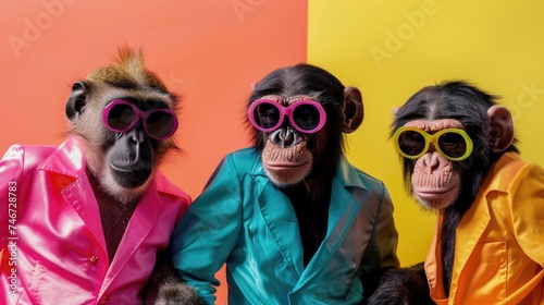 Three monkeys in colorful outfits and sunglasses.