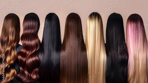 assortment of hair for hair extension procedure. types of materials, color and quality for the presentation of the service. Toning of different shades of the background of the strands. Social media