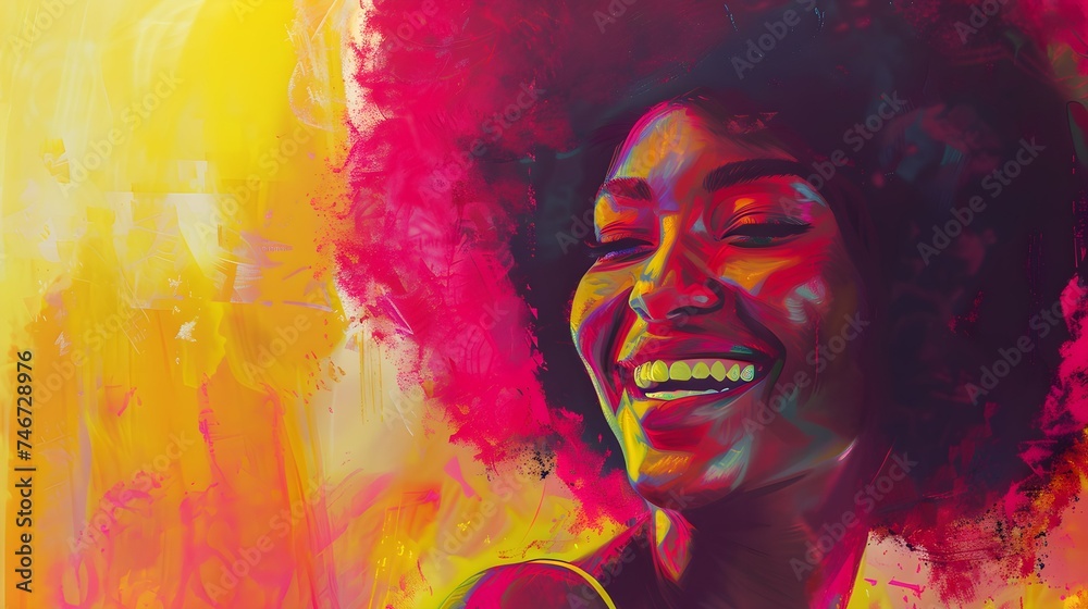 beautiful woman with afro hair smiling on bright background