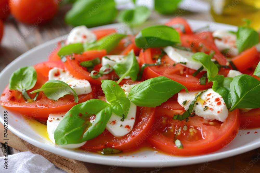 Tomato and mozzarella Caprese salad with fresh basil and olive oil. Tomato and mozzarella Caprese salad with fresh basil and olive oil.