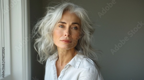 A contemplative mature woman with distinguished silver hair and a white shirt on a neutral beige background.