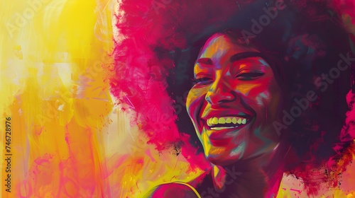 beautiful woman with afro hair smiling on bright background