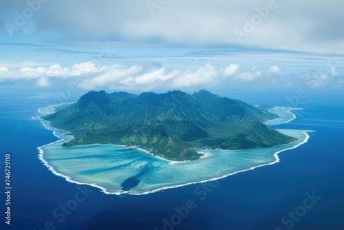 Aerial view of a mountainous tropical island with surrounding coral reef.
