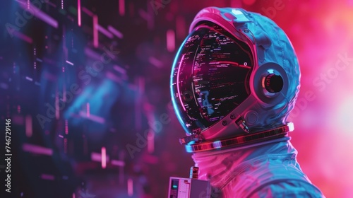 futuristic astronaut reads programming code reflected on his space helmet