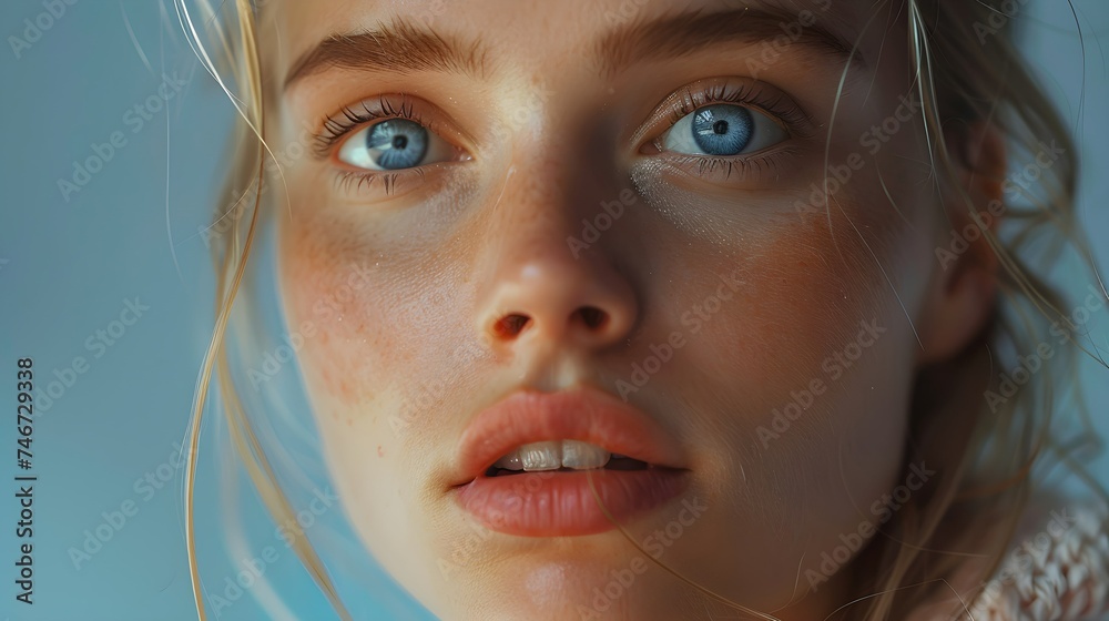 closeup of beauty natural scandinavian blonde woman with blue eyes natural skin for skincare hair salon commercial advertisement with studio light looking at camera in editorial magazine copy space