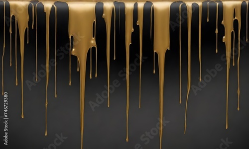 Gold paint drips down a stark black background  creating an abstract image that exudes luxury and sophistication. The contrast of colors highlights the fluidity and richness of the gold. AI generation