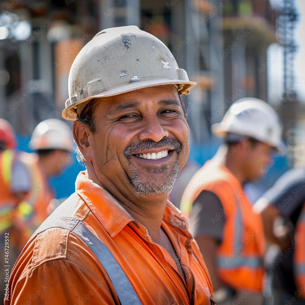 Portrait of engineer man smiling in diverse group of team on construction site. 