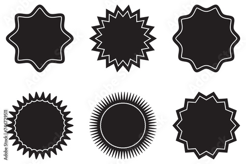 Set of black and white badges. Set of vector starburst, sunburst badges. Starburst silhouettes. Set of starburst, sunburst badges. Design elements for sale sticker, price tag. photo