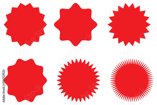 Set of red starburst.  Price sticker, sale sticker, price tag, starburst, quality mark, retro stars, discount sticker, sunburst badges. Sunburst promotion tag. Starburst speech bubbles.
