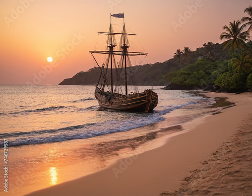 An old sailboat gracefully glides through the water, its weathered sails catching the warm hues of the sunset. The sky is ablaze with shades of orange, pink, and purple, casting a golden glow over the