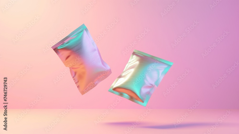 Holographic Snack Packets Floating on Pink Holographic Snack Packets Floating on Pink