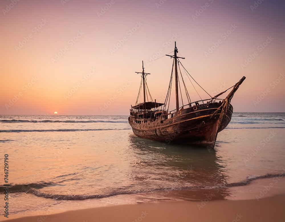 An old sailboat gracefully glides through the water, its weathered sails catching the warm hues of the sunset. The sky is ablaze with shades of orange, pink, and purple, casting a golden glow over the An old sailboat gracefully glides through the water, its weathered sails catching the warm hues of the sunset. The sky is ablaze with shades of orange, pink, and purple, casting a golden glow over the
