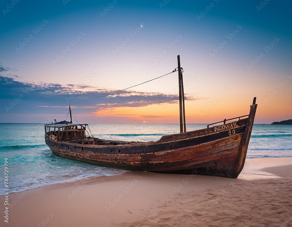 An old sailboat gracefully glides through the water, its weathered sails catching the warm hues of the sunset. The sky is ablaze with shades of orange, pink, and purple, casting a golden glow over the An old sailboat gracefully glides through the water, its weathered sails catching the warm hues of the sunset. The sky is ablaze with shades of orange, pink, and purple, casting a golden glow over the