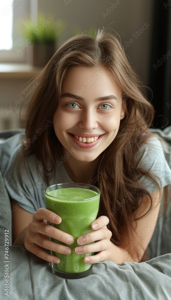 Happy woman holding a detox smoothie in a bright white living room with copy space for text Happy woman holding a detox smoothie in a bright white living room with copy space for text