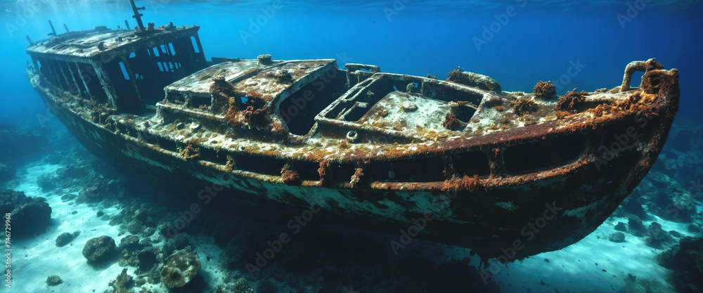 View of a sunken old, rusty iron ship in the sea. Shipwrecks created by artificial intelligence. Panorama.