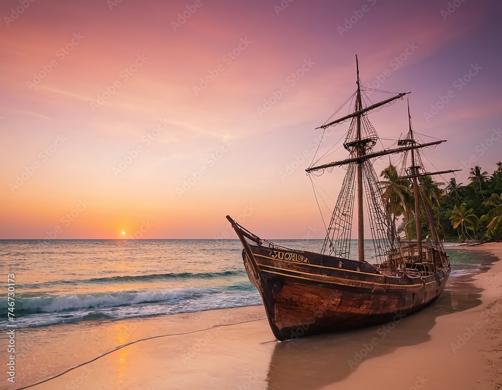 An old sailboat gracefully glides through the water, its weathered sails catching the warm hues of the sunset. The sky is ablaze with shades of orange, pink, and purple, casting a golden glow over the