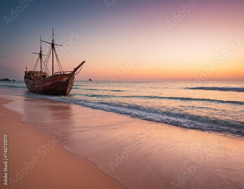 An old sailboat gracefully glides through the water, its weathered sails catching the warm hues of the sunset. The sky is ablaze with shades of orange, pink, and purple, casting a golden glow over the