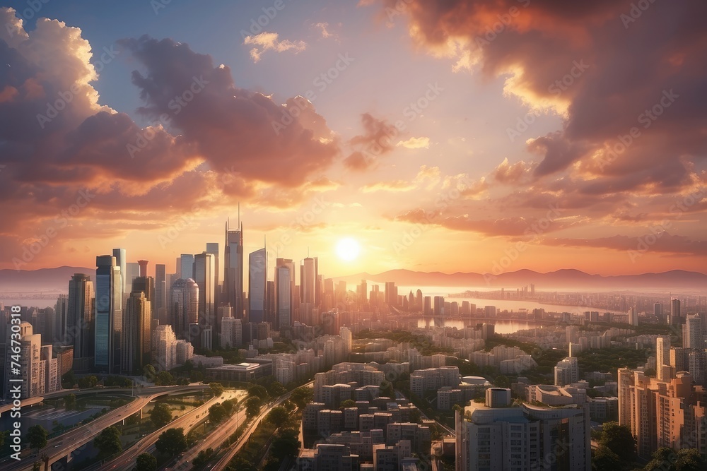 Obraz premium Stunning City Skyline at Sunset with Modern Skyscrapers and Dramatic Clouds