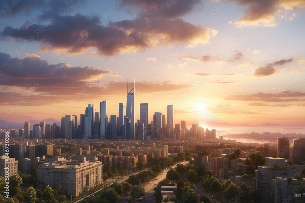 Obraz premium Modern City Skyline at Sunset with Dramatic Clouds and Winding River