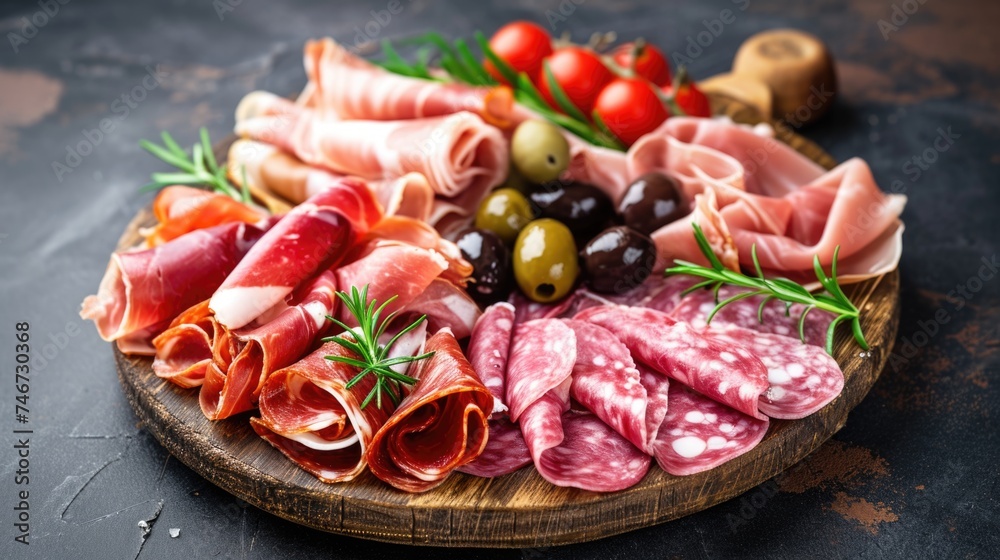 Assortment , sliced meat appetizer, prosciutto, salami and ham, with olives