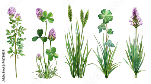 Set of green herbs with flowers isolated on white or transparent background generative ai 