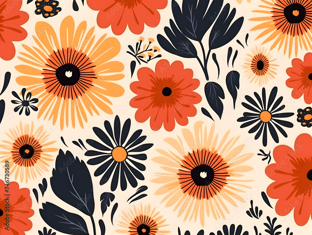 Colorful simple groovy flowers seamless pattern illustration background  