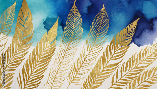  watercolor navy blue beige pink gold floral background pattern with feathers and leaves banner format copy space