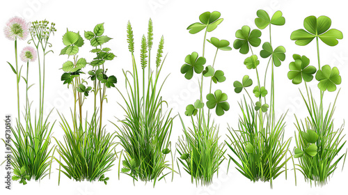 Set of green herbs with flowers isolated on white or transparent background generative ai 