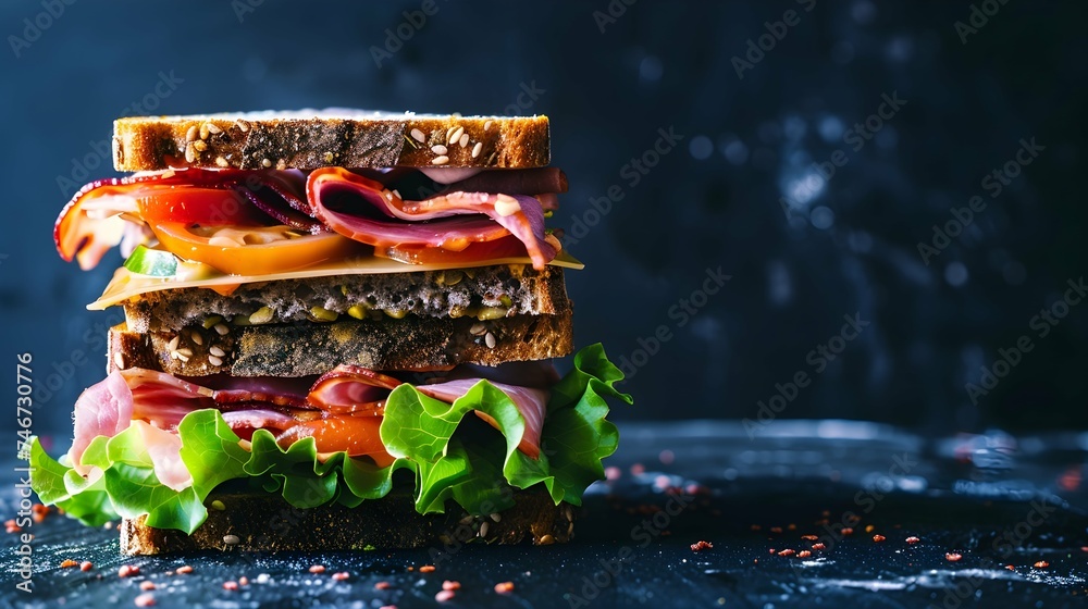 Sandwich Tasty sandwich with ham or bacon cheese tomatoes lettuce and grain bread Delicious club sandwich or school lunch breakfast or snack. with copy space image. Place for adding text or design Sandwich Tasty sandwich with ham or bacon cheese tomatoes lettuce and grain bread Delicious club sandwich or school lunch breakfast or snack. with copy space image. Place for adding text or design