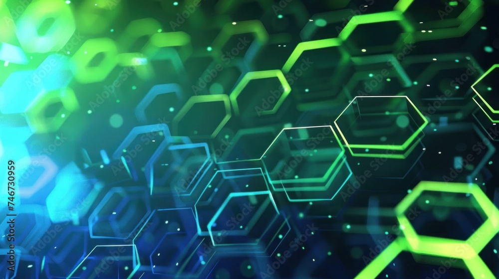 Abstract computer technology background with yellowish green color hexagon board - obrazy, fototapety, plakaty 