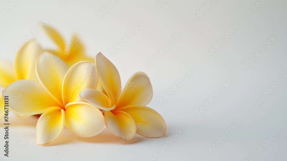 Close-up view of several blooming frangipani plumeria flowers on solid light background, copy space for text.