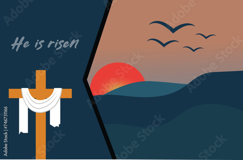 Vector he is risen easter sunday flat illustration