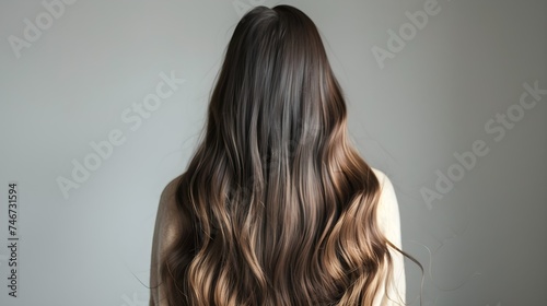 Woman with long and shiny hair on isolated background. back view
