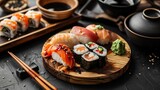 Assorted Sushi Set on Wooden Board