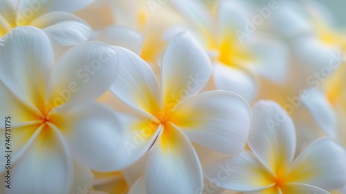 Close-up view of several blooming frangipani plumeria flowers, filling the frame, selective focus, wallpaper background. © okfoto