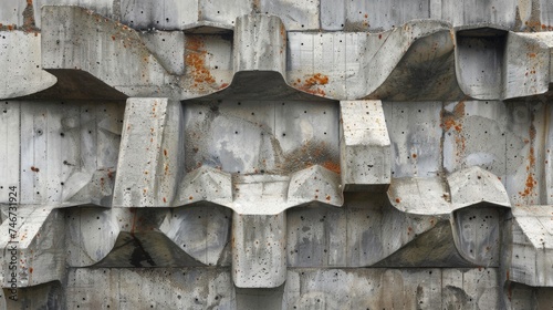 A detailed close-up of a brutalist facade with concrete textures and patterns. Brutalist architecture style.