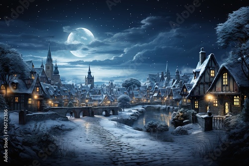 festive sky and town background jpg, in the style of white and indigo, snow scenes, spectacular backdrops, villagecore, white background, photo-realistic landscapes, frottage