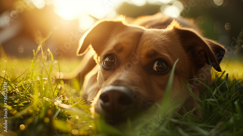  A charming dog resting on the vibrant green grass in a sunlit spring park
