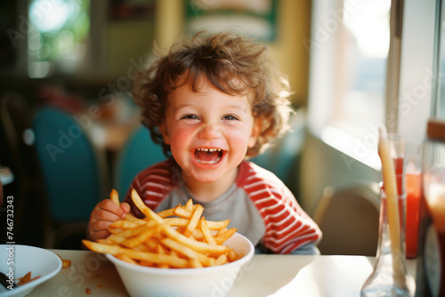 Joyful Child with French Fries in Bright Diner