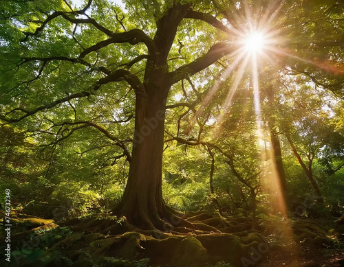 Sun rays gently filter through the dense foliage of a forest, creating a mesmerizing display of light and shadow. The lush green leaves of the trees are illuminated by the golden sunlight
