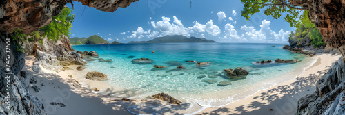 beach with palm trees Trunk Bay on St. John, United States Virgi , Tropical beach panorama with deckchairs