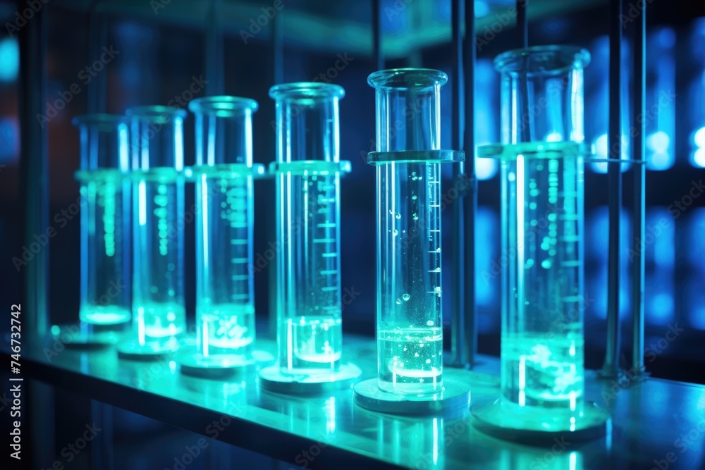 Graduated test tubes with blue luminous liquid. Graduated test tubes with blue luminous liquid.