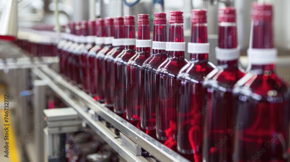close-up view of a production line featuring bottles filled with grape beverage, showcasing industrial food processing and manufacturing
