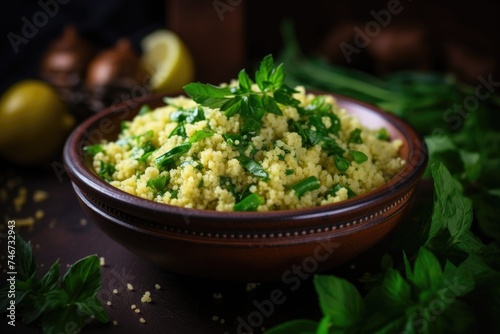 Couscous with fresh basil and green herbs in a ceramic bowl.