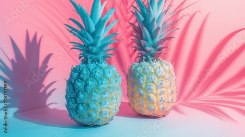 Two painted blue pineapples close up on a colorful pink background, copy space for text.