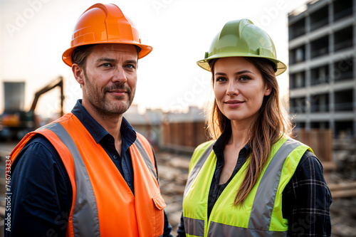 A Man and Woman in Hard Hats and Safety Vests Standing Next to Each Other in Front of a Construction Site
