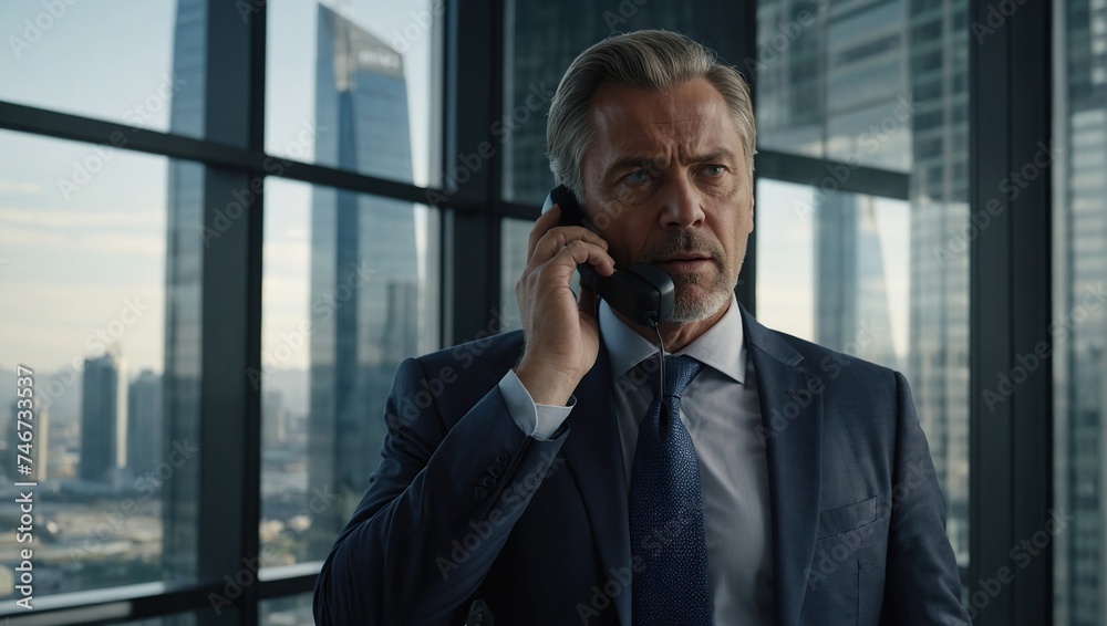 Confident Middle Aged Businessman in a Suit Standing in Modern Office, Answering a Phone Call, Looking Out of the Window on Big City with Skyscrapers, Successful Company CEO Planning Work Projects Confident Middle Aged Businessman in a Suit Standing in Modern Office, Answering a Phone Call, Looking Out of the Window on Big City with Skyscrapers, Successful Company CEO Planning Work Projects