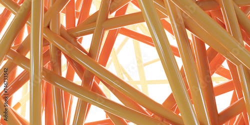 Intricate network of orange metallic beams against a pale background 3d render illustration