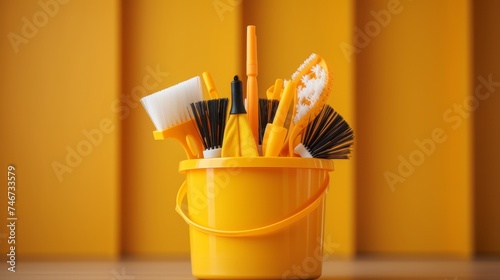 Yellow cleaning supplies container with various products for ads and cleanliness concept.