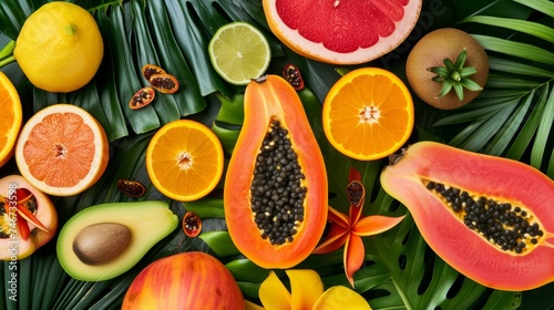 Various tropical fruits and seeds arranged on the tropical leaves, top view.